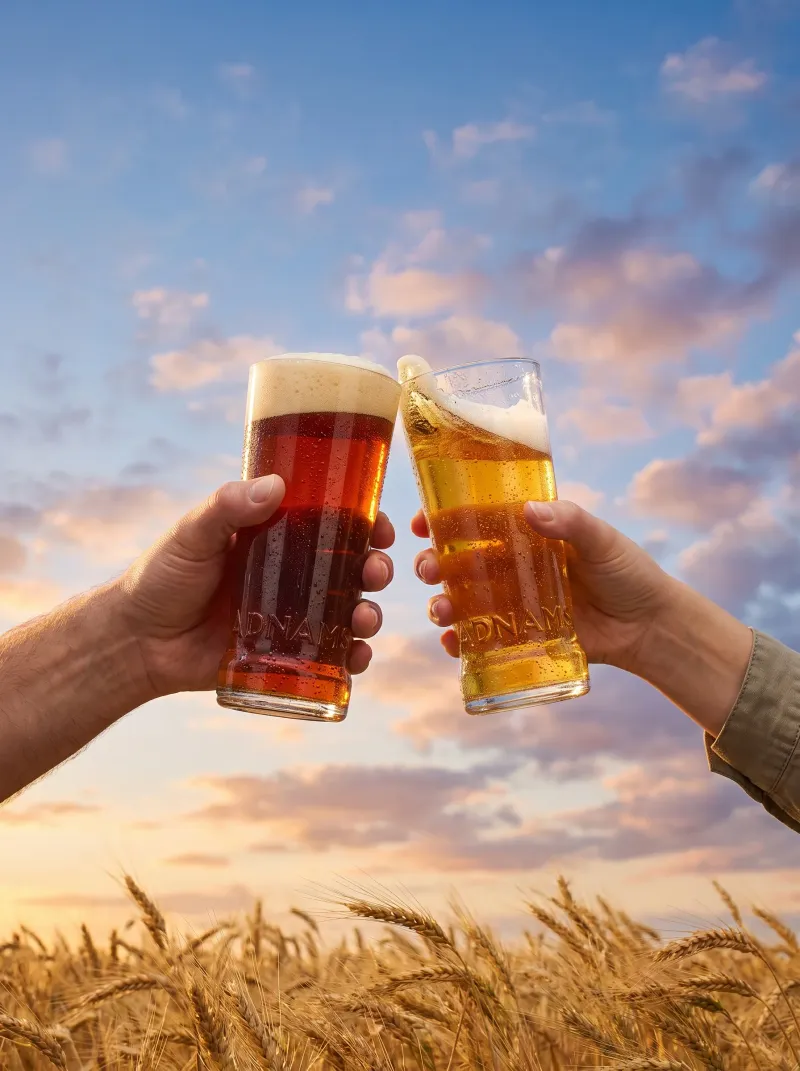 Two Adnams pint glasses toasting against a sunset sky over a wheat field, beer lifestyle photography