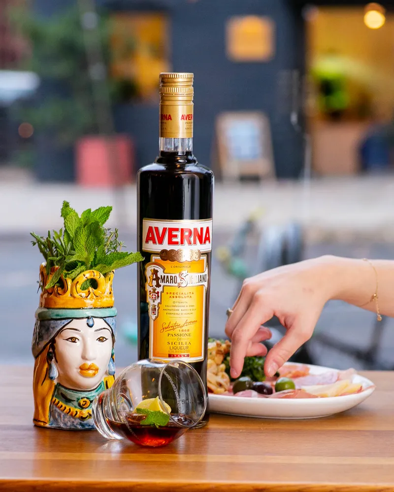 Averna amaro cocktail at Frankies, spirits advertising frame