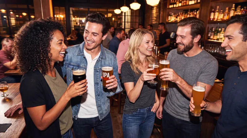 Friends laughing in a bar holding a range of beers, candid beer lifestyle photography