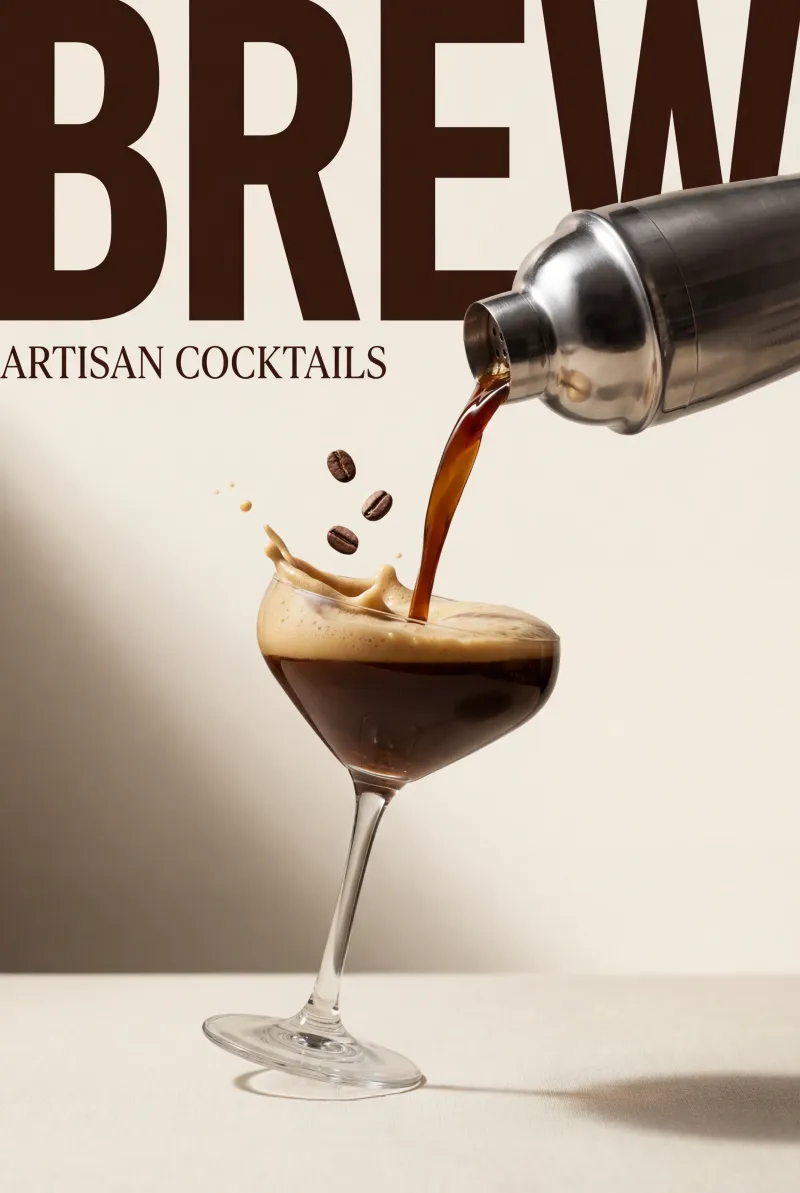 Brew cocktail advertising photograph with liquid splash detail