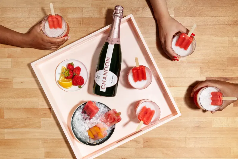 Chandon sparkling wine bottle, top down advertising composition