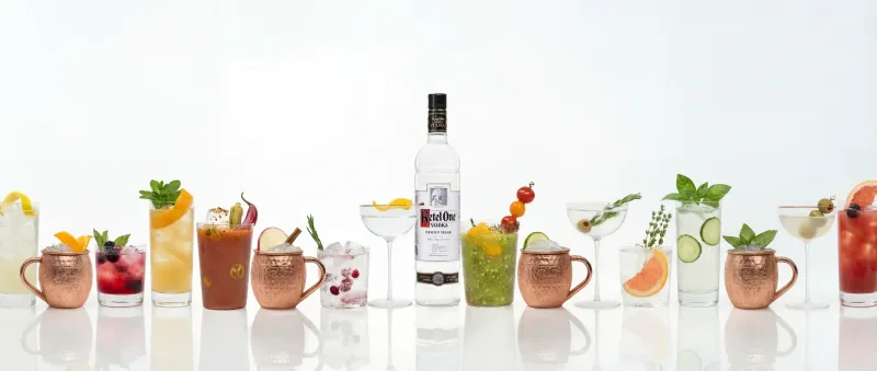 Ketel One vodka product lineup, spirits photography