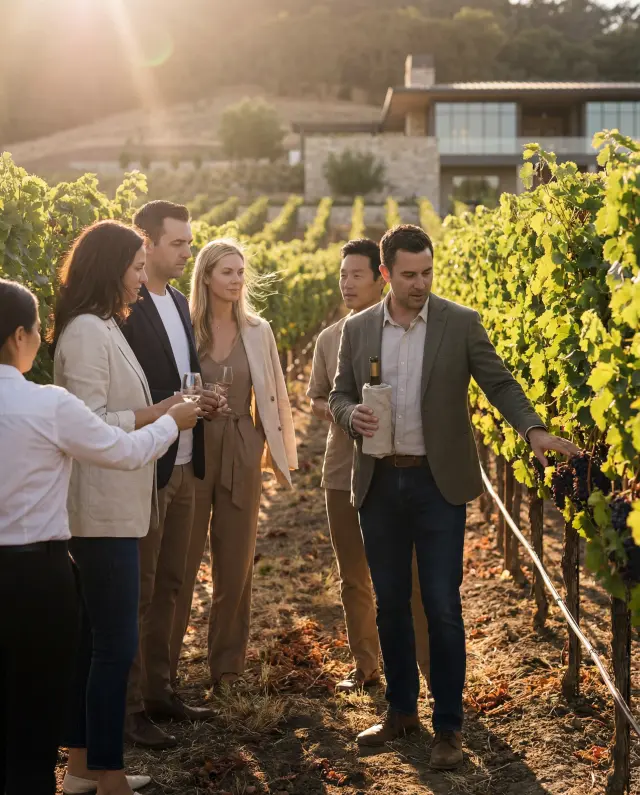 Napa Valley vineyard at golden hour, wine country lifestyle photography
