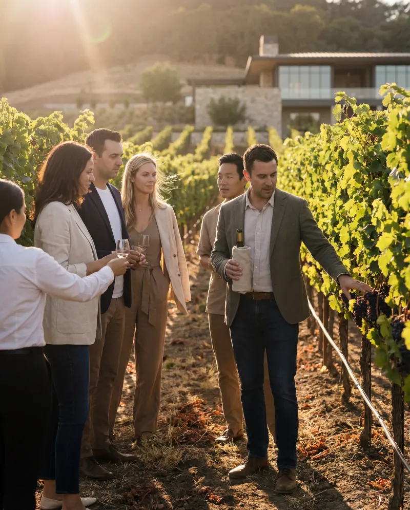 A man holding a cloth-wrapped bottle points out purple grapes to a group with wine glasses, vines backlit at golden hour.