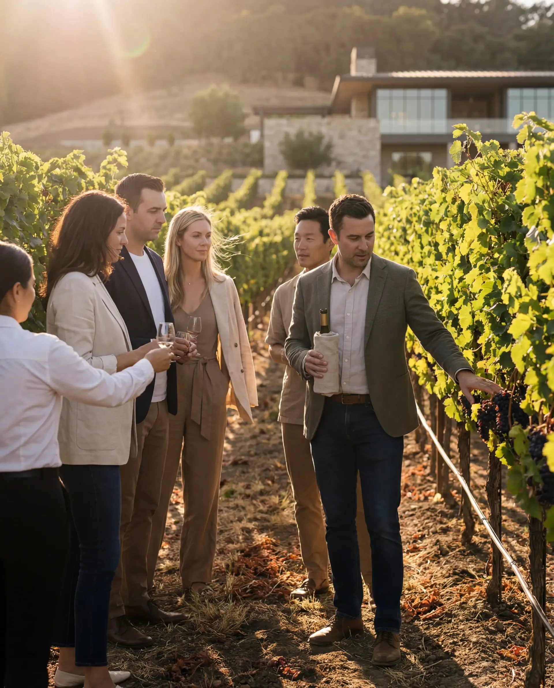Napa Valley vineyard at golden hour, wine country lifestyle photography