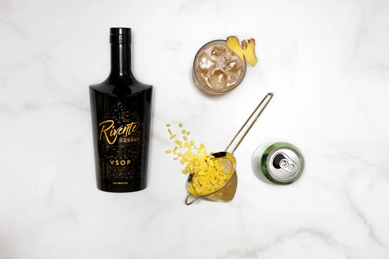 Rivente cognac bottle packshot on a clean white background