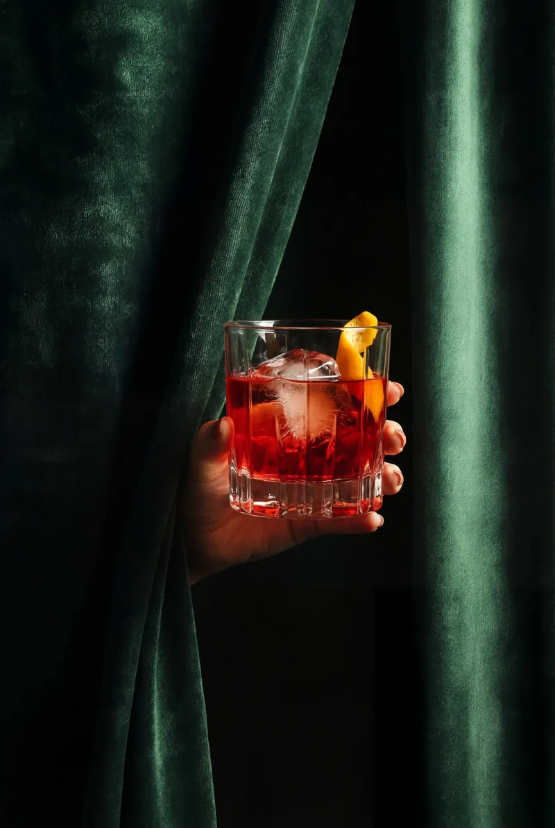Velvet green negroni, spirit forward cocktail photograph