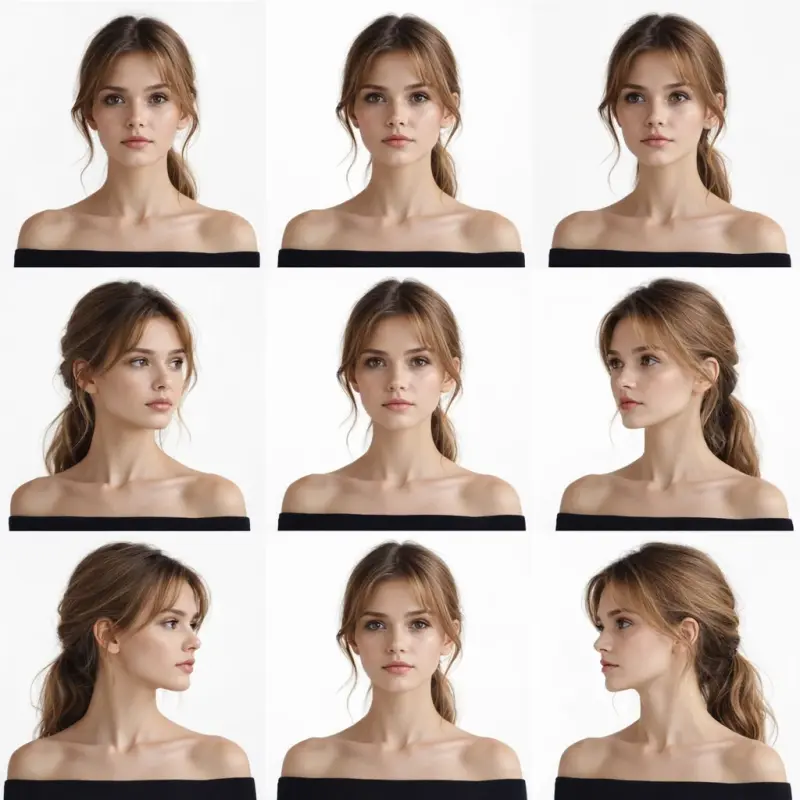Nine view character consistency sheet from the AI studio, one model held across angles