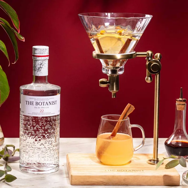 Botanist gin cinnamon hot toddy, warm seasonal cocktail