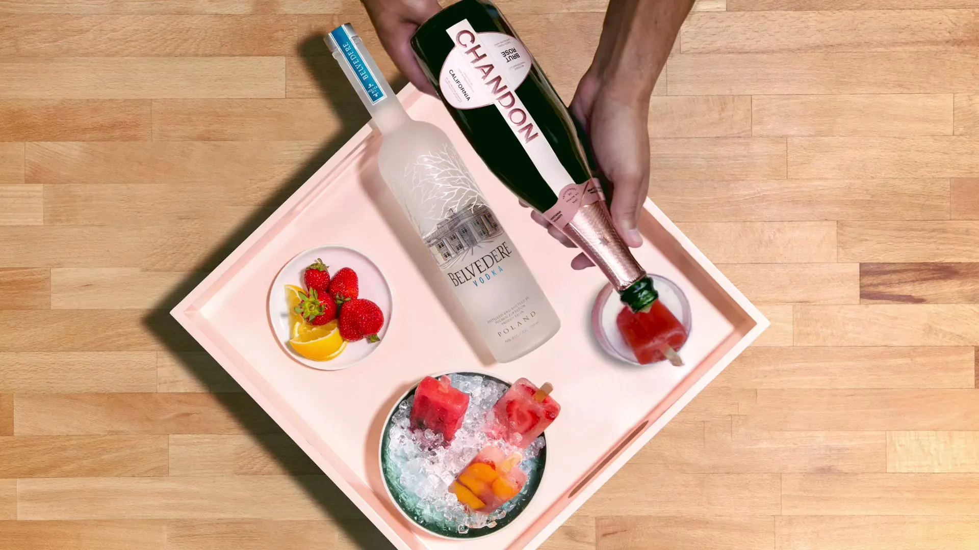 Chandon champagne pour directed on a tabletop set, motion sequence