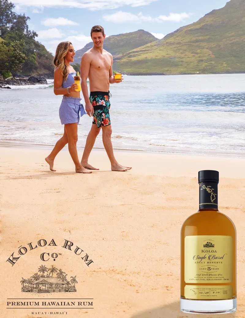 Koloa rum cocktail on the beach, tropical lifestyle setting